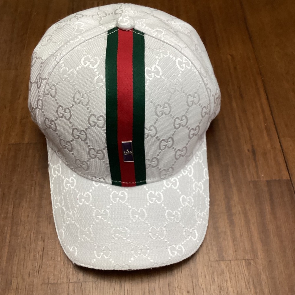 Gucci White GG Monogram Canvas Web Stripe Baseball Cap Made in Italy
